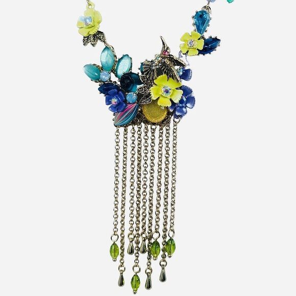 Betsey Johnson Hummingbird Flower Statement Necklace 29"  Tassel Spring Ahead - Picture 6 of 14